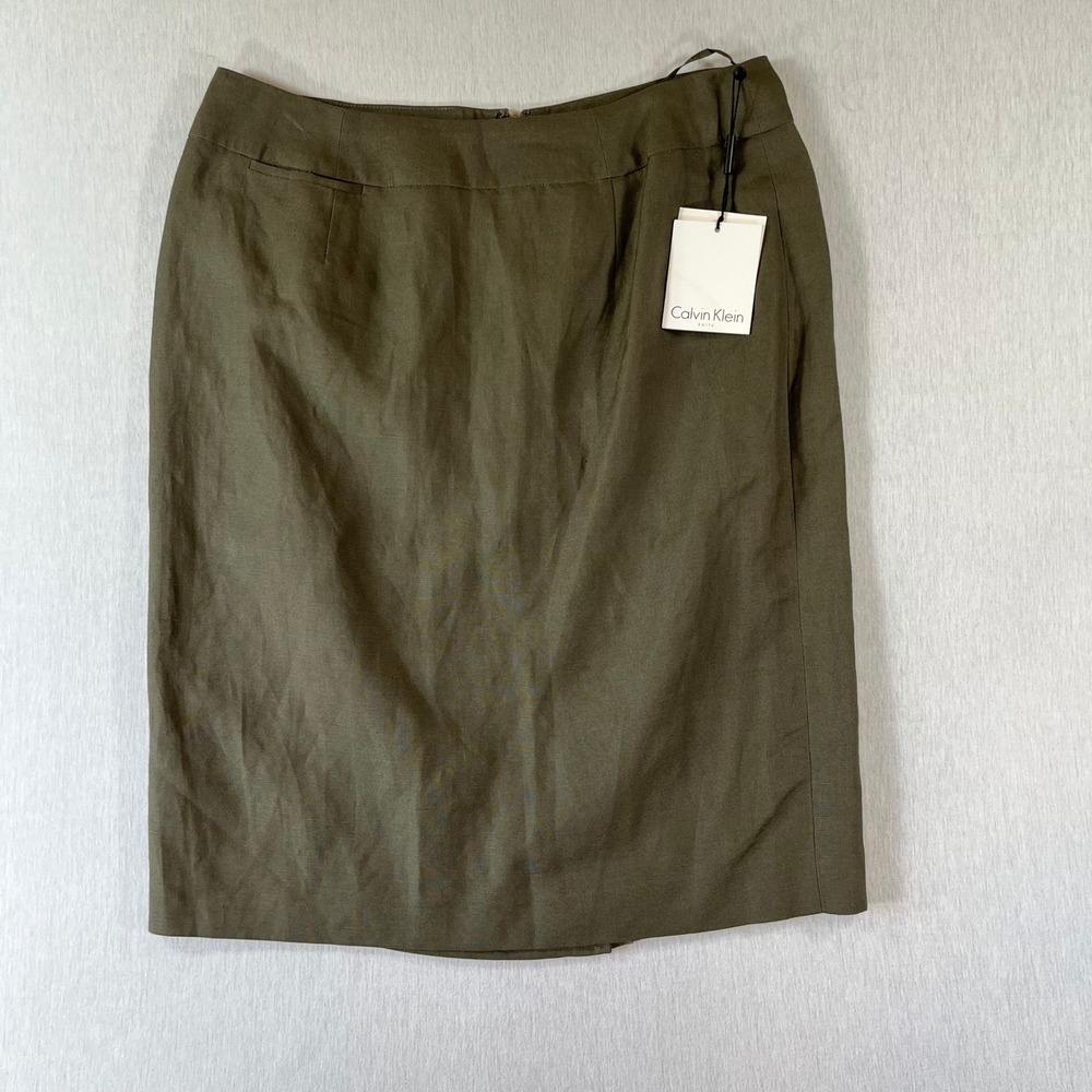 NEW Calvin Klein Linen Blend Pencil Skirt 10 Olive Green 26"W 33"L Back Zip NWT